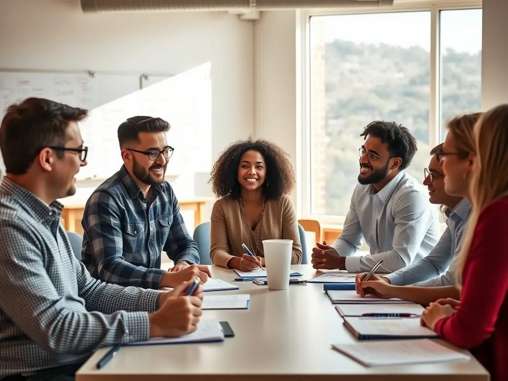 A diverse group of UK-based small business owners collaborating and networking at a workshop, symbolizing community and shared learning.