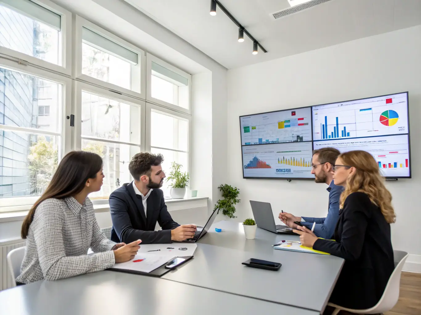 A team of professionals analyzing sales data and brainstorming growth ideas in a modern office setting, representing the growth strategies service.